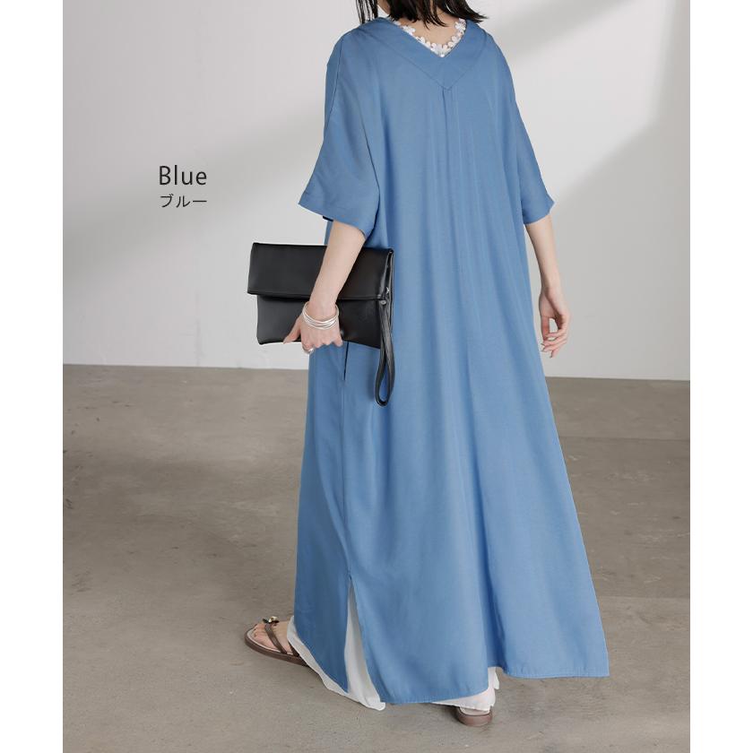 ワンピース ロング レディース ロングワンピース マキシ丈 半袖 Vネック キーネック 薄手 軽い 軽量 デニム風 スリット ポケット 落ち感 とろみ Aライン 重ね着 | HUG.U | 19