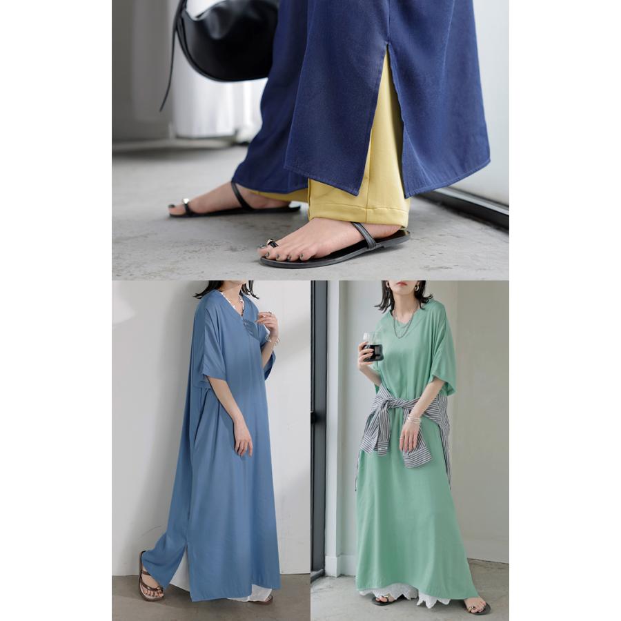 ワンピース ロング レディース ロングワンピース マキシ丈 半袖 Vネック キーネック 薄手 軽い 軽量 デニム風 スリット ポケット 落ち感 とろみ Aライン 重ね着 | HUG.U | 24