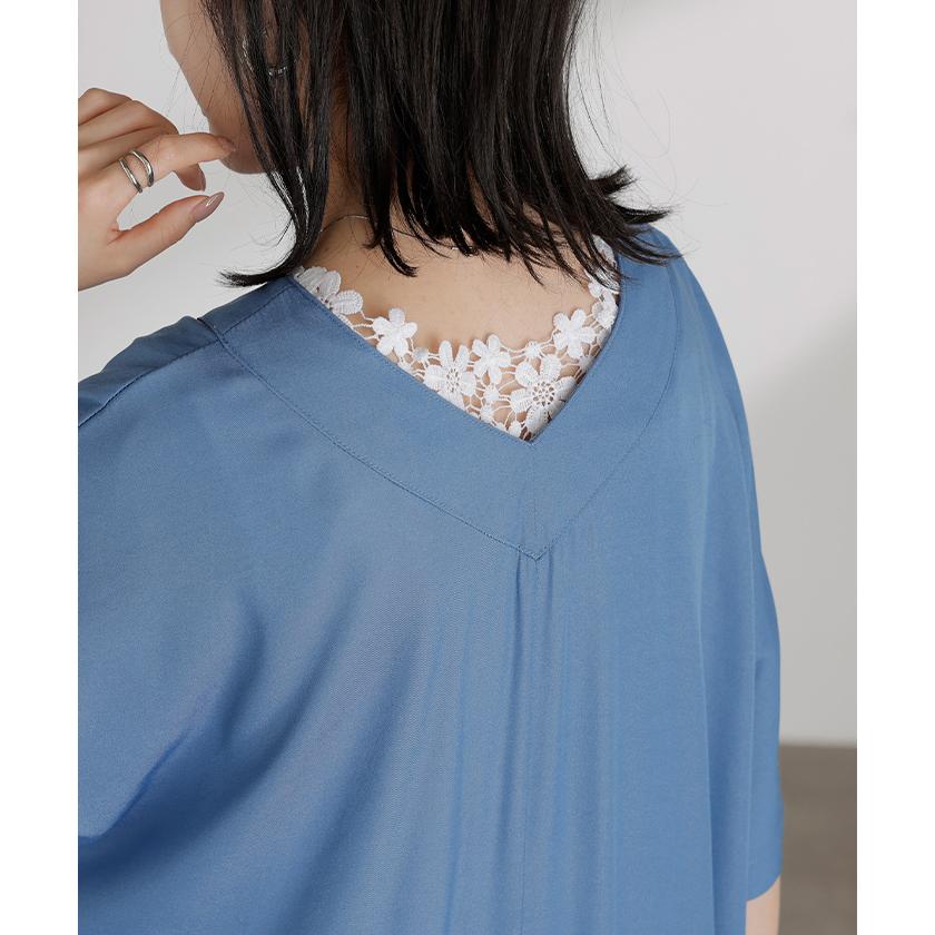 ワンピース ロング レディース ロングワンピース マキシ丈 半袖 Vネック キーネック 薄手 軽い 軽量 デニム風 スリット ポケット 落ち感 とろみ Aライン 重ね着 | HUG.U | 08