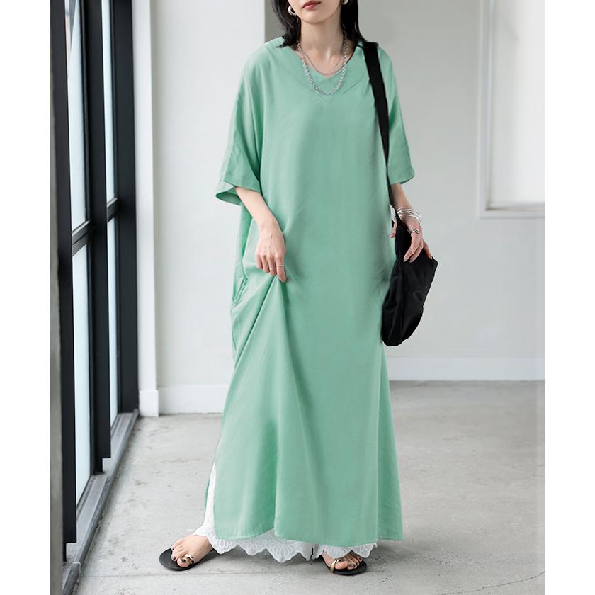 ワンピース ロング レディース ロングワンピース マキシ丈 半袖 Vネック キーネック 薄手 軽い 軽量 デニム風 スリット ポケット 落ち感 とろみ Aライン 重ね着 | HUG.U | 09