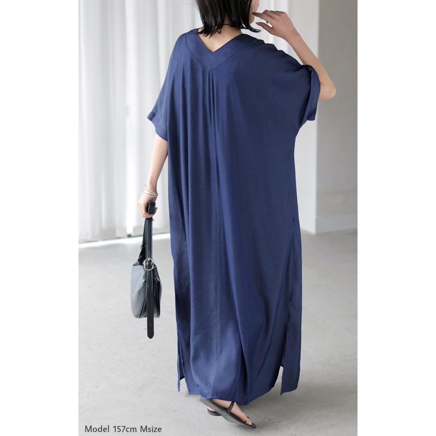 ワンピース ロング レディース ロングワンピース マキシ丈 半袖 Vネック キーネック 薄手 軽い 軽量 デニム風 スリット ポケット 落ち感 とろみ Aライン 重ね着 | HUG.U | 10
