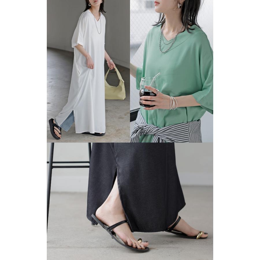 ワンピース ロング レディース ロングワンピース マキシ丈 半袖 Vネック キーネック 薄手 軽い 軽量 デニム風 スリット ポケット 落ち感 とろみ Aライン 重ね着 | HUG.U | 13