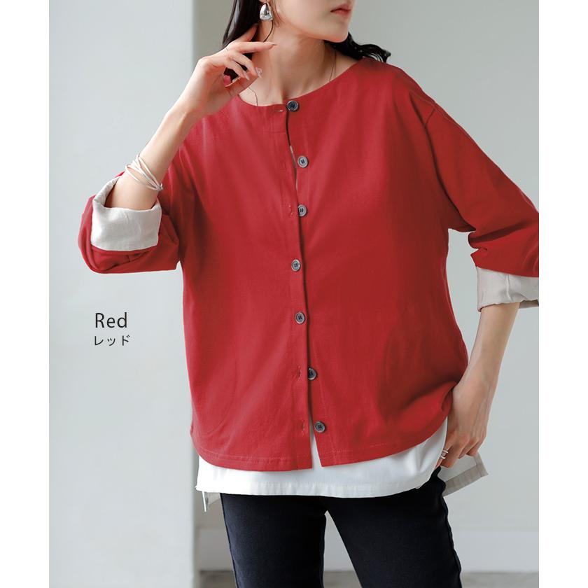 カーディガン 綿100 配色 レディース トップス カーデ バスク生地 コットン 長袖 クルーネック ボーダー 柄 バイカラー ロンT ジャスト丈 | HUG.U | 17