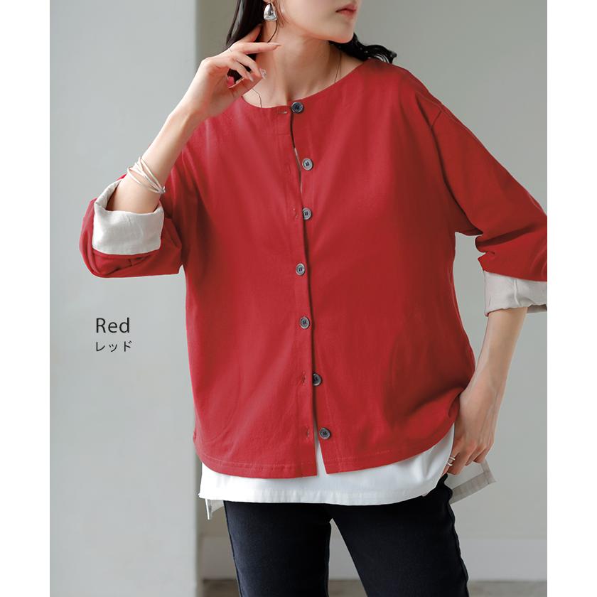 カーディガン 綿100 配色 レディース トップス カーデ バスク生地 コットン 長袖 クルーネック ボーダー 柄 バイカラー ロンT ジャスト丈 | HUG.U | 18