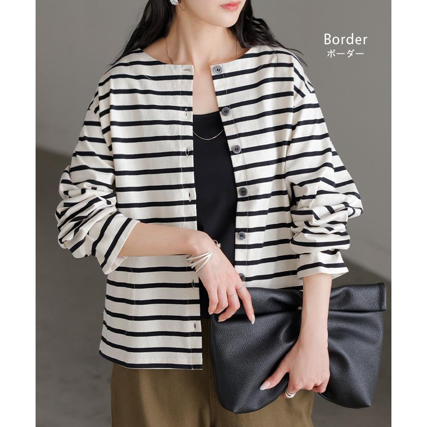 カーディガン 綿100 配色 レディース トップス カーデ バスク生地 コットン 長袖 クルーネック ボーダー 柄 バイカラー ロンT ジャスト丈 | HUG.U | 19