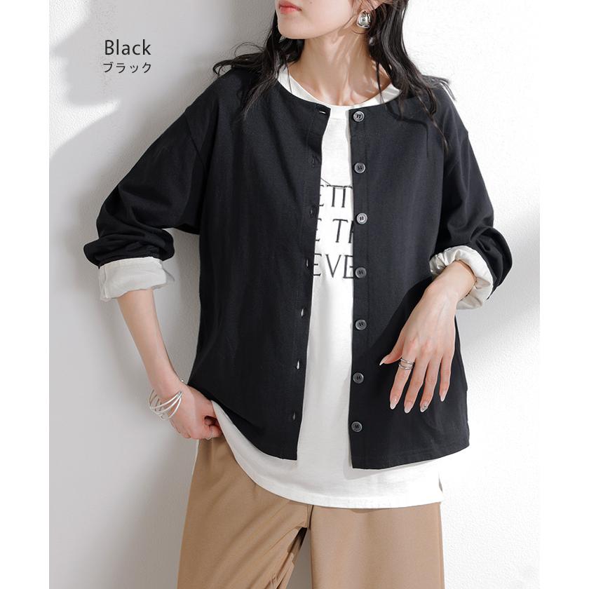 カーディガン 綿100 配色 レディース トップス カーデ バスク生地 コットン 長袖 クルーネック ボーダー 柄 バイカラー ロンT ジャスト丈 | HUG.U | 20