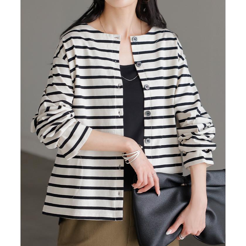 カーディガン 綿100 配色 レディース トップス カーデ バスク生地 コットン 長袖 クルーネック ボーダー 柄 バイカラー ロンT ジャスト丈 | HUG.U | 09