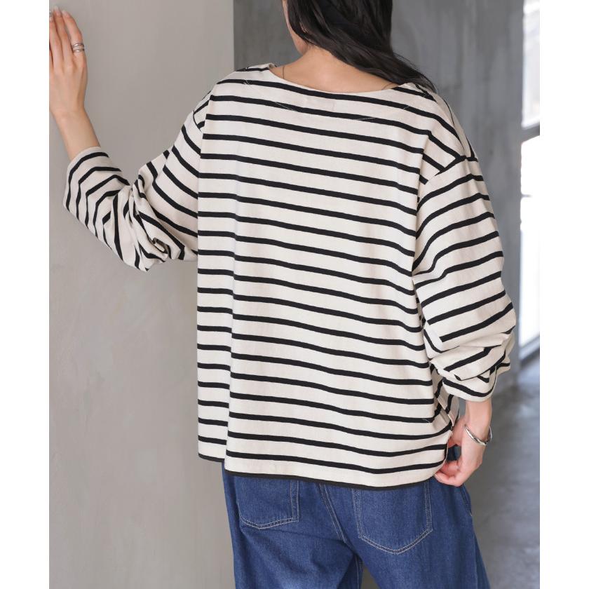 カーディガン 綿100 配色 レディース トップス カーデ バスク生地 コットン 長袖 クルーネック ボーダー 柄 バイカラー ロンT ジャスト丈 | HUG.U | 13