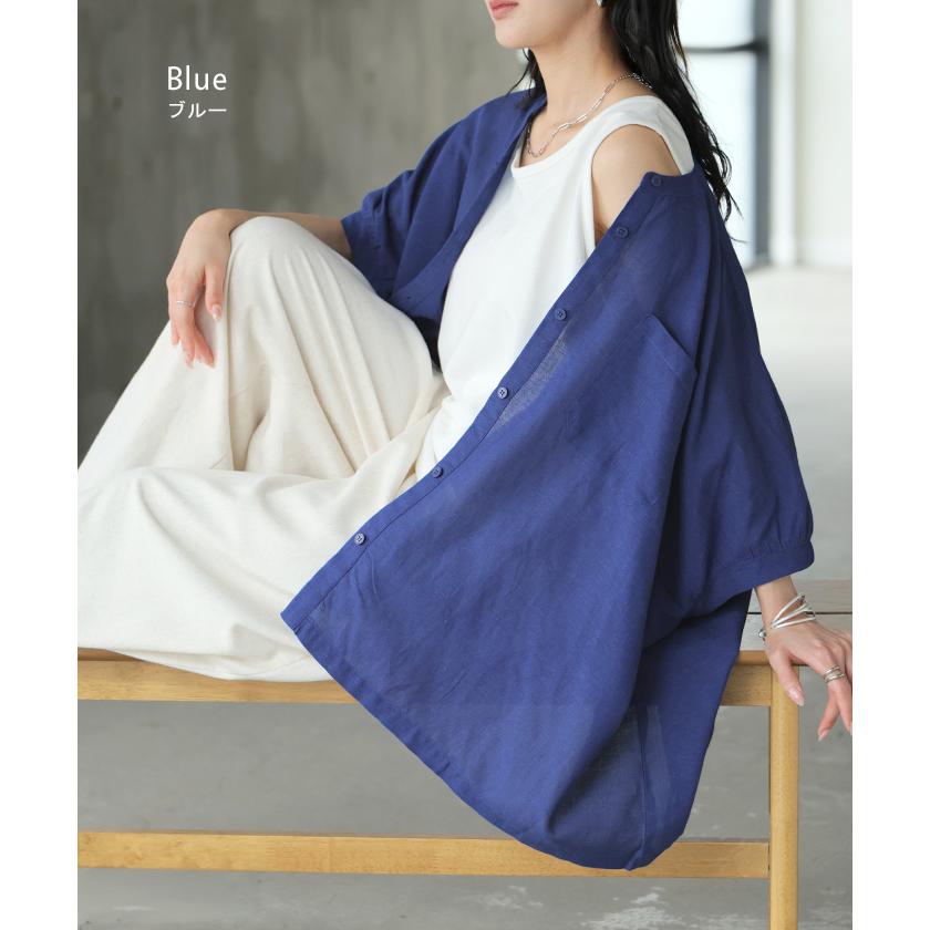 ブラウス オーバーサイズ レディース トップス 涼しい シャツ ロング 半袖 シャツブラウス ノーカラー チュニック 前開き ドルマン リネン混 | HUG.U | 15
