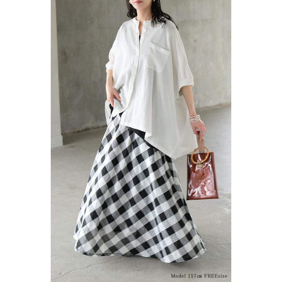 ブラウス オーバーサイズ レディース トップス 涼しい シャツ ロング 半袖 シャツブラウス ノーカラー チュニック 前開き ドルマン リネン混 | HUG.U | 19