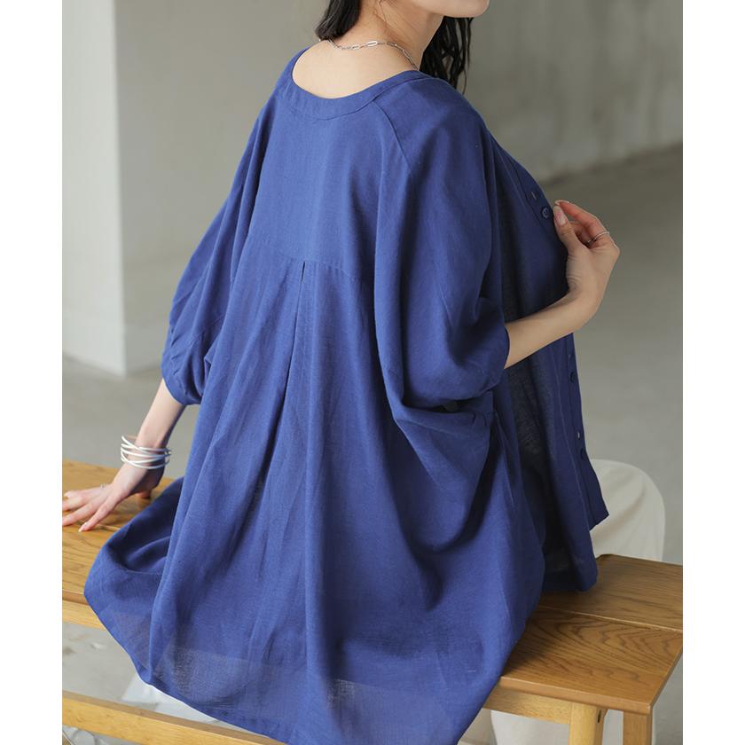 ブラウス オーバーサイズ レディース トップス 涼しい シャツ ロング 半袖 シャツブラウス ノーカラー チュニック 前開き ドルマン リネン混 | HUG.U | 21