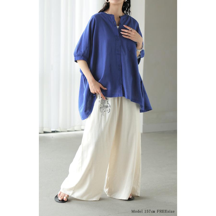 ブラウス オーバーサイズ レディース トップス 涼しい シャツ ロング 半袖 シャツブラウス ノーカラー チュニック 前開き ドルマン リネン混 | HUG.U | 23