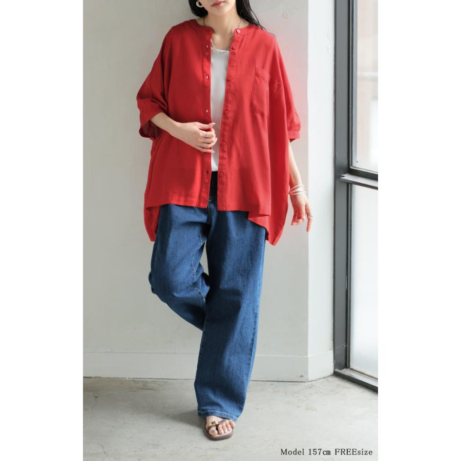 ブラウス オーバーサイズ レディース トップス 涼しい シャツ ロング 半袖 シャツブラウス ノーカラー チュニック 前開き ドルマン リネン混 | HUG.U | 07