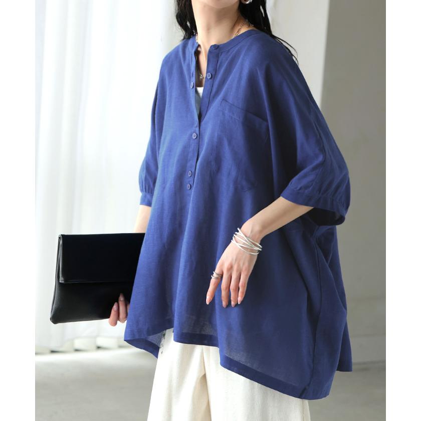 ブラウス オーバーサイズ レディース トップス 涼しい シャツ ロング 半袖 シャツブラウス ノーカラー チュニック 前開き ドルマン リネン混 | HUG.U | 08