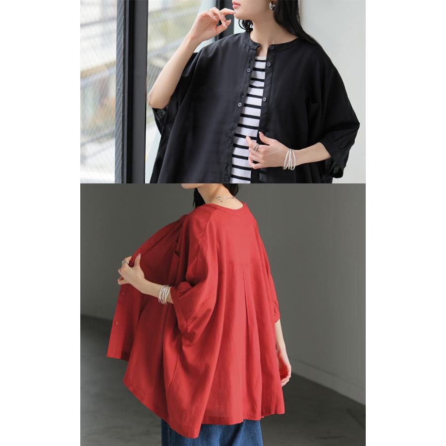 ブラウス オーバーサイズ レディース トップス 涼しい シャツ ロング 半袖 シャツブラウス ノーカラー チュニック 前開き ドルマン リネン混 | HUG.U | 09