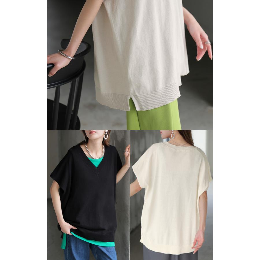 ベスト ニット 洗える 綿100 レディース トップス ロング チュニック ロングベスト ノースリーブ Vネック 薄手 軽い ウォッシャブル レイヤード ちくちくしない | HUG.U | 23