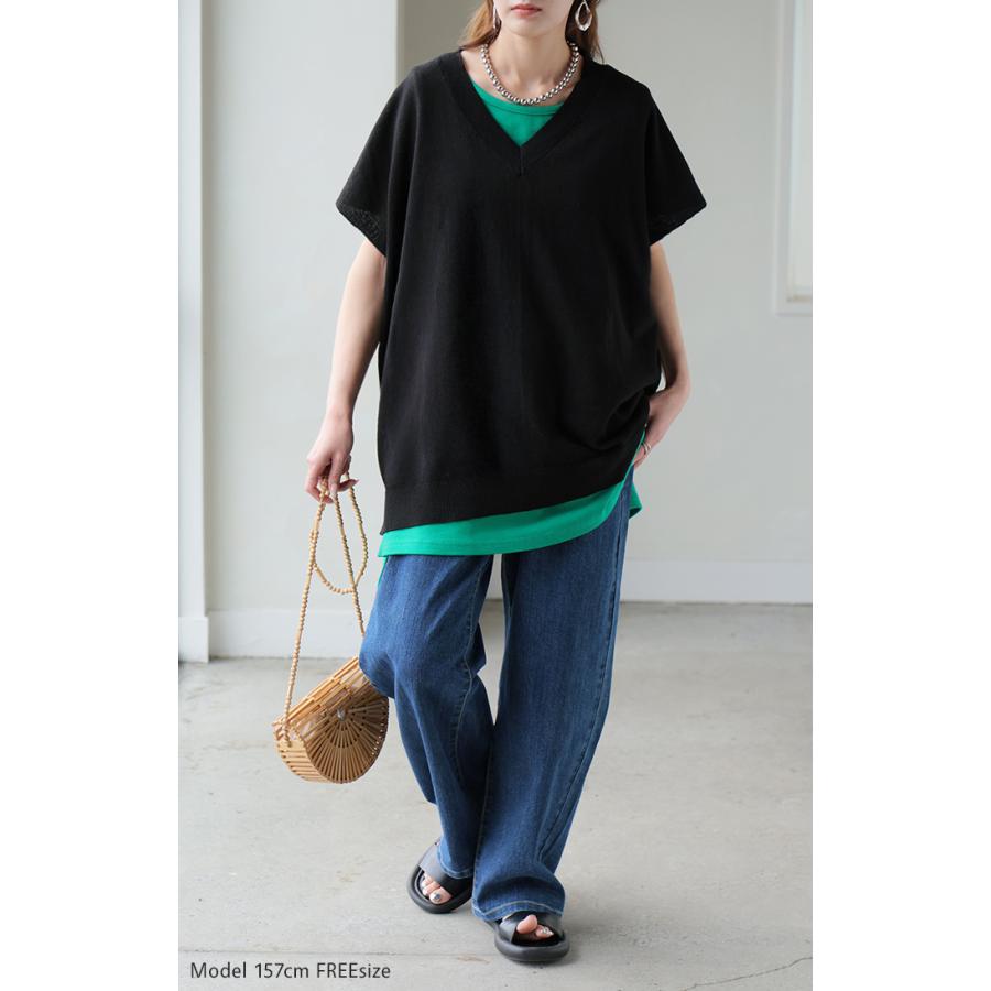 ベスト ニット 洗える 綿100 レディース トップス ロング チュニック ロングベスト ノースリーブ Vネック 薄手 軽い ウォッシャブル レイヤード ちくちくしない | HUG.U | 07