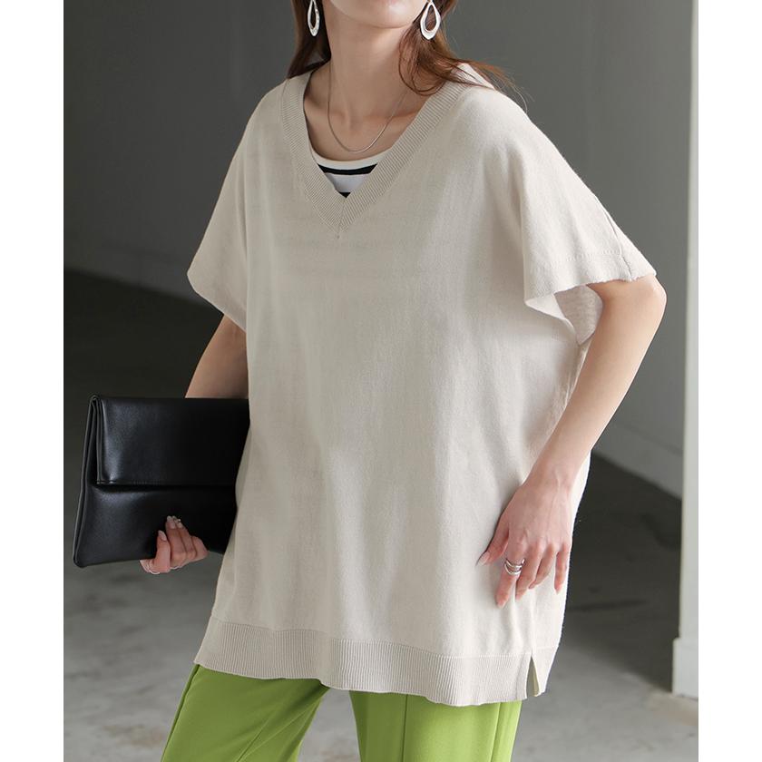 ベスト ニット 洗える 綿100 レディース トップス ロング チュニック ロングベスト ノースリーブ Vネック 薄手 軽い ウォッシャブル レイヤード ちくちくしない | HUG.U | 09