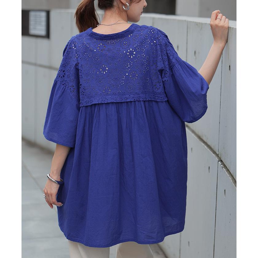 ブラウス インド綿 100％ レース レディース トップス ロング チュニック シャツ ロングシャツ Tシャツ カットソー 刺繍 花柄 フラワー | HUG.U | 07