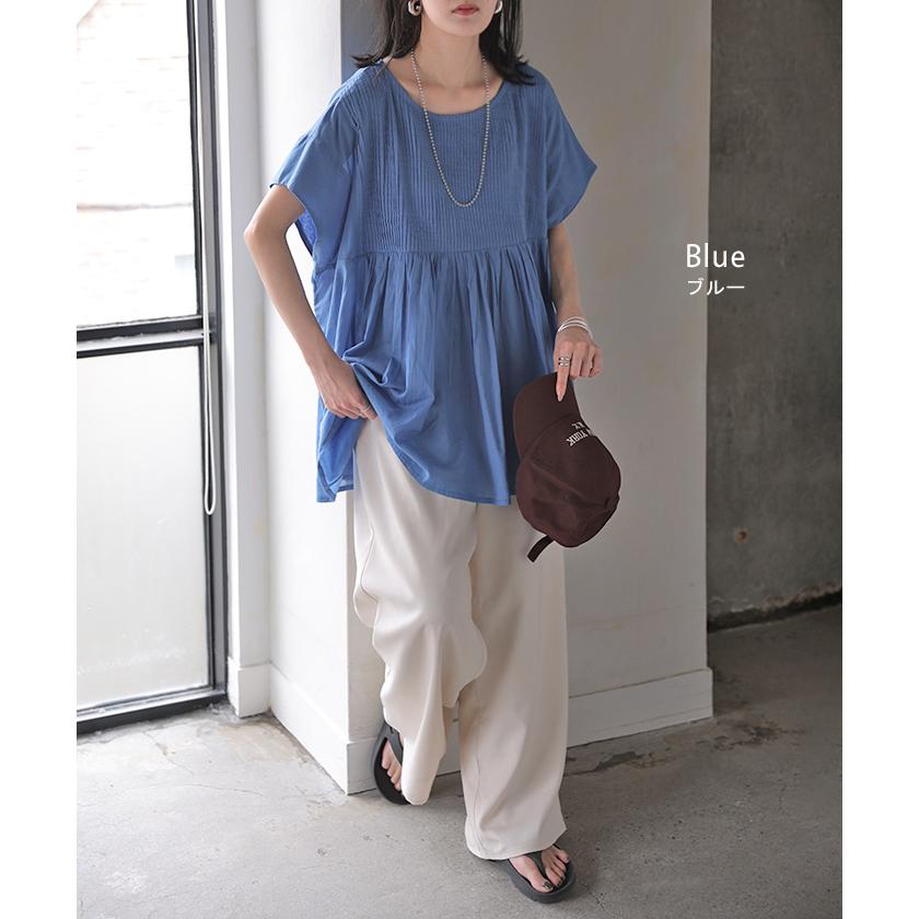 ブラウス インド綿 100％ フレア レディース トップス ロング シャツ チュニック ロングシャツ フレンチスリーブ ノーカラー 長め 薄手 | HUG.U | 17