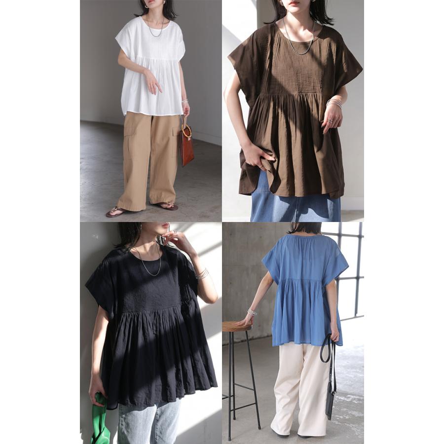 ブラウス インド綿 100％ フレア レディース トップス ロング シャツ チュニック ロングシャツ フレンチスリーブ ノーカラー 長め 薄手 | HUG.U | 24
