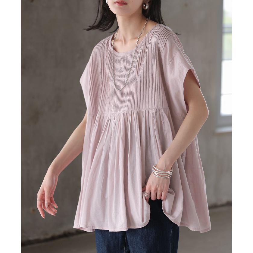 ブラウス インド綿 100％ フレア レディース トップス ロング シャツ チュニック ロングシャツ フレンチスリーブ ノーカラー 長め 薄手 | HUG.U | 09