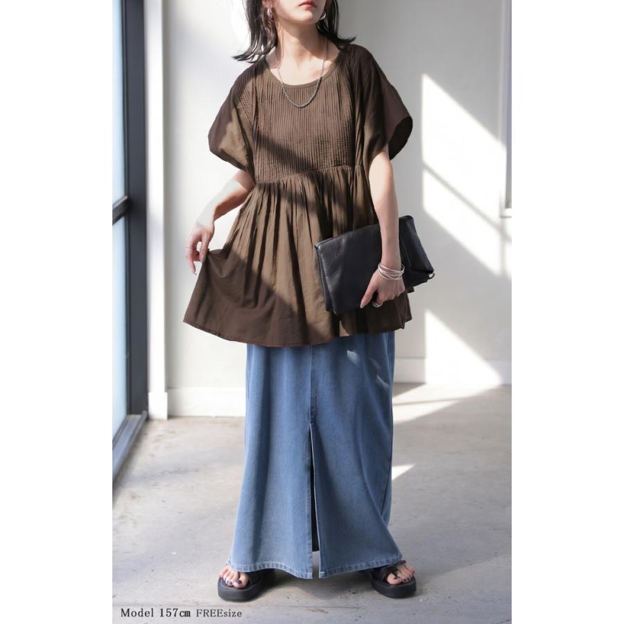ブラウス インド綿 100％ フレア レディース トップス ロング シャツ チュニック ロングシャツ フレンチスリーブ ノーカラー 長め 薄手 | HUG.U | 12