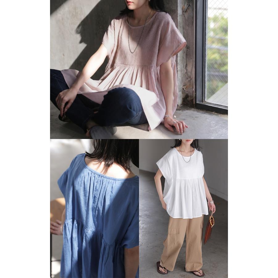 ブラウス インド綿 100％ フレア レディース トップス ロング シャツ チュニック ロングシャツ フレンチスリーブ ノーカラー 長め 薄手 | HUG.U | 13