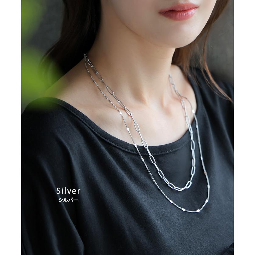 サージカルステンレス 2連 ネックレス アクセサリー シルバー ゴールド 金属アレルギー 金アレ 錆びにくい アクセ マンセルチェーン チェーンネックレス ロング | HUG.U | 09
