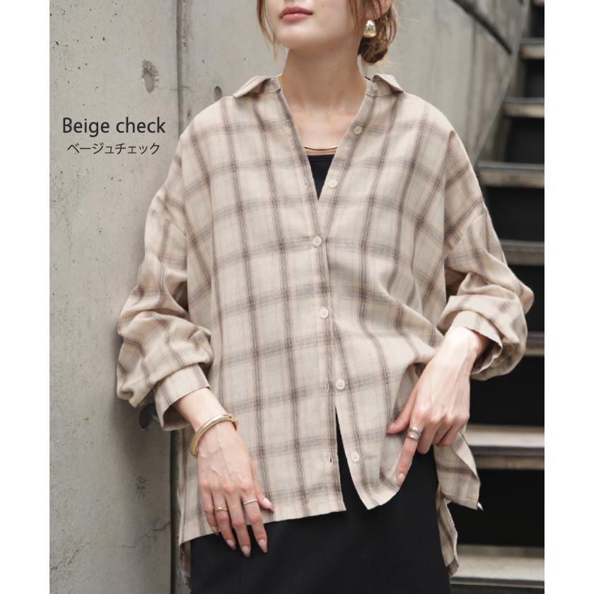 シャツ チェック リネンライク レディース トップス ブラウス ロング チェックシャツ ロングシャツ チュニック 柄 麻風 軽い 薄い 長袖 | HUG.U | 12