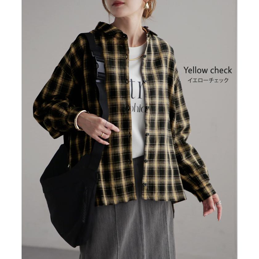 シャツ チェック リネンライク レディース トップス ブラウス ロング チェックシャツ ロングシャツ チュニック 柄 麻風 軽い 薄い 長袖 | HUG.U | 14