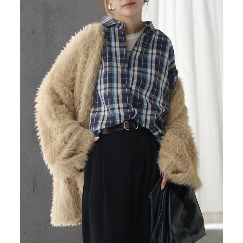 シャツ チェック リネンライク レディース トップス ブラウス ロング チェックシャツ ロングシャツ チュニック 柄 麻風 軽い 薄い 長袖 | HUG.U | 18