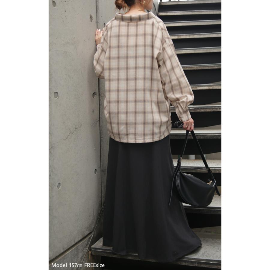 シャツ チェック リネンライク レディース トップス ブラウス ロング チェックシャツ ロングシャツ チュニック 柄 麻風 軽い 薄い 長袖 | HUG.U | 19