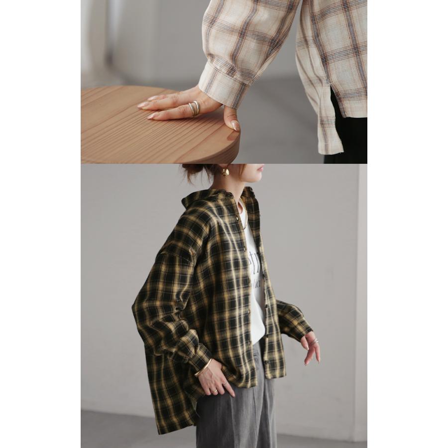 シャツ チェック リネンライク レディース トップス ブラウス ロング チェックシャツ ロングシャツ チュニック 柄 麻風 軽い 薄い 長袖 | HUG.U | 20