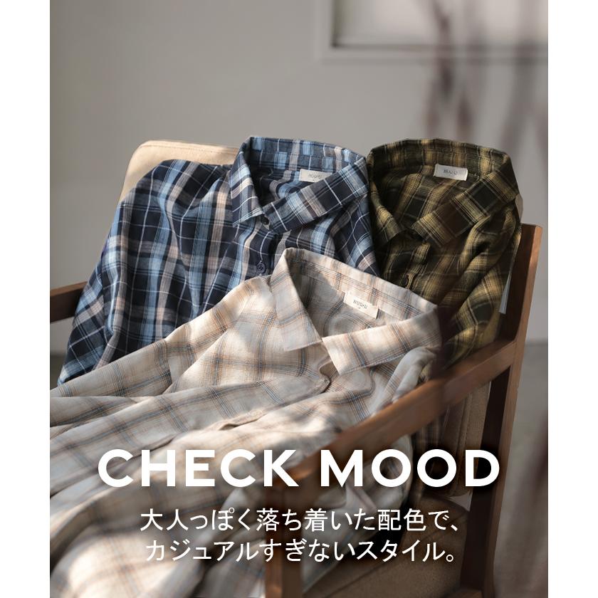 シャツ チェック リネンライク レディース トップス ブラウス ロング チェックシャツ ロングシャツ チュニック 柄 麻風 軽い 薄い 長袖 | HUG.U | 06