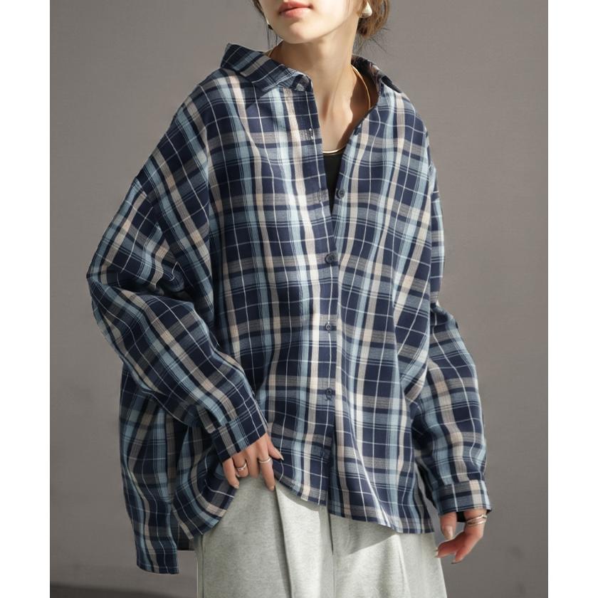 シャツ チェック リネンライク レディース トップス ブラウス ロング チェックシャツ ロングシャツ チュニック 柄 麻風 軽い 薄い 長袖 | HUG.U | 07