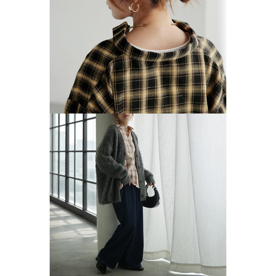 シャツ チェック リネンライク レディース トップス ブラウス ロング チェックシャツ ロングシャツ チュニック 柄 麻風 軽い 薄い 長袖 | HUG.U | 08