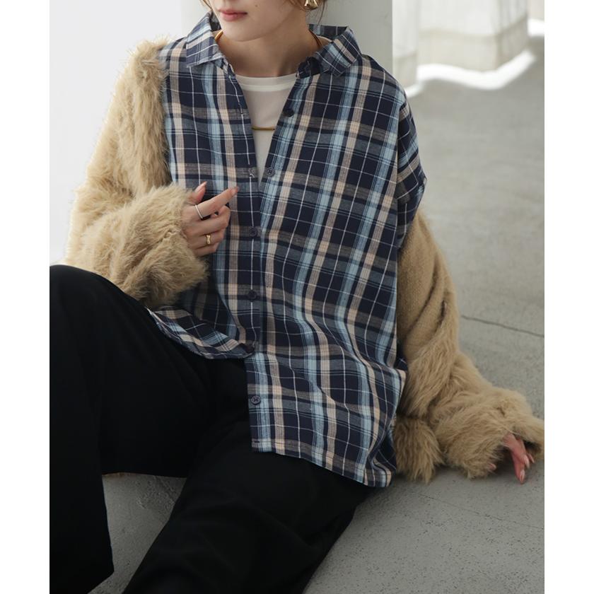 シャツ チェック リネンライク レディース トップス ブラウス ロング チェックシャツ ロングシャツ チュニック 柄 麻風 軽い 薄い 長袖 | HUG.U | 10