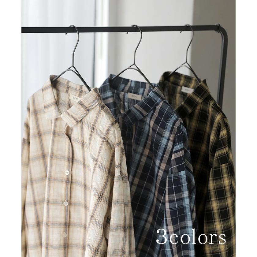 シャツ チェック リネンライク レディース トップス ブラウス ロング チェックシャツ ロングシャツ チュニック 柄 麻風 軽い 薄い 長袖 | HUG.U | 11