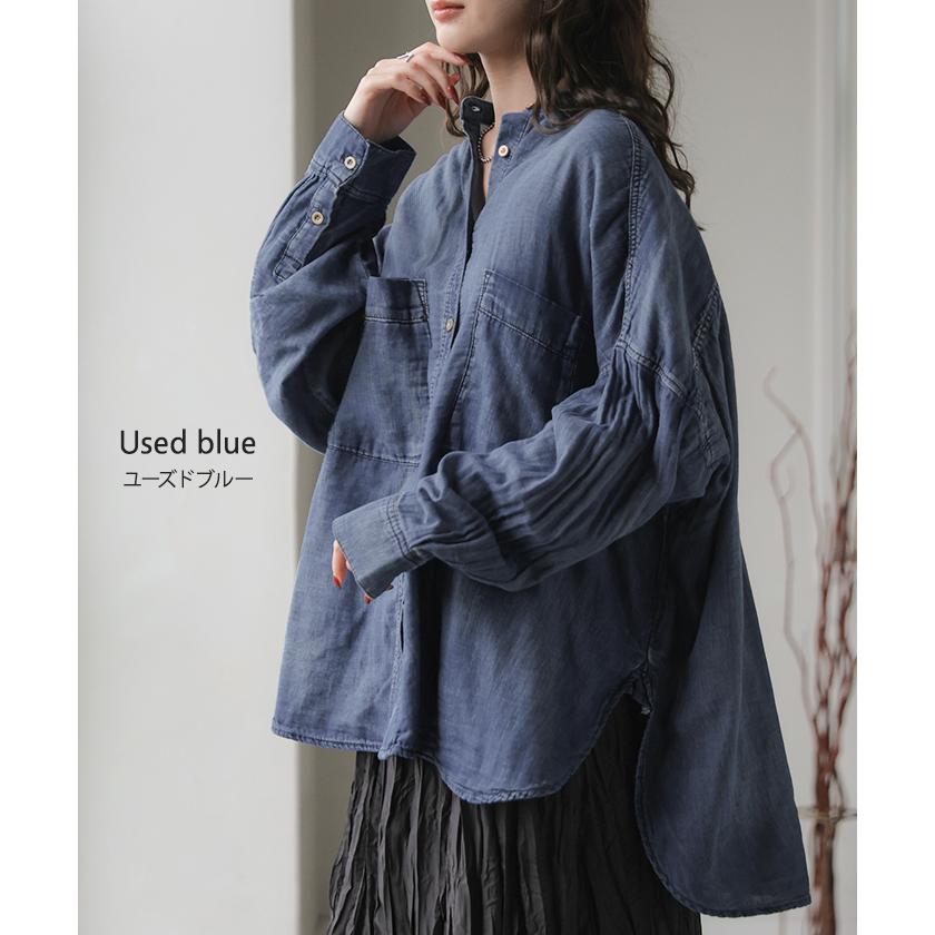 シャツ ダブルガーゼ デニムライク 綿100 レディース トップス デニム 風 ブラウス ロング ロングシャツ チュニック バンドカラー コットン | HUG.U | 11