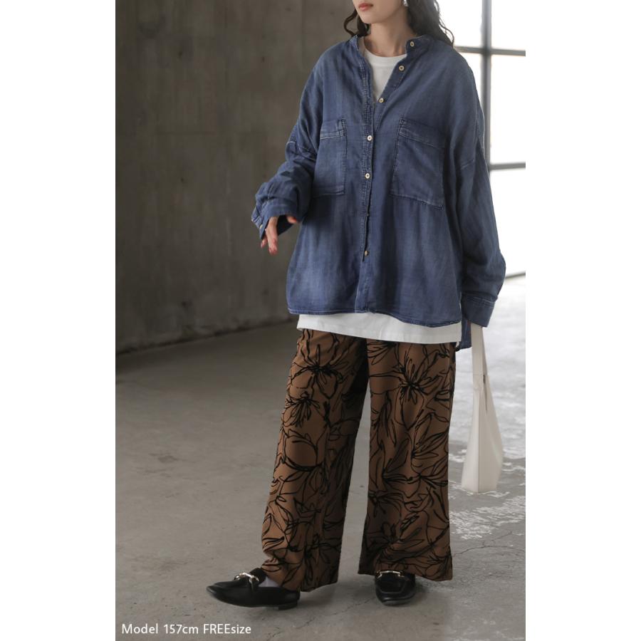 シャツ ダブルガーゼ デニムライク 綿100 レディース トップス デニム 風 ブラウス ロング ロングシャツ チュニック バンドカラー コットン | HUG.U | 14