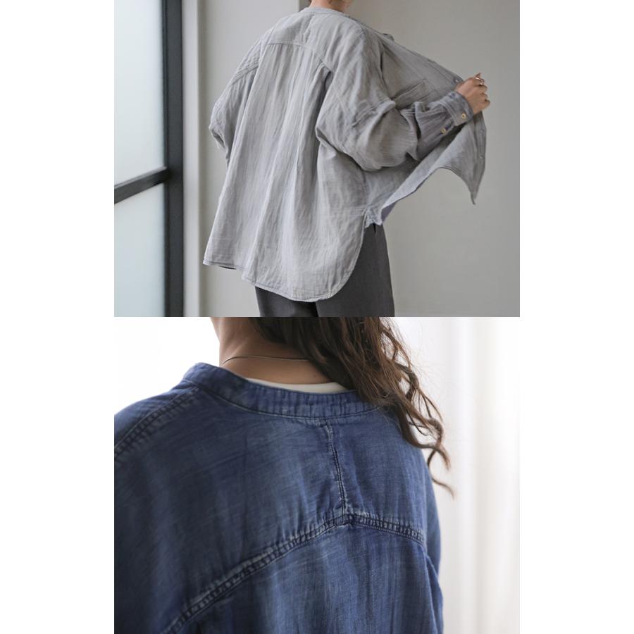 シャツ ダブルガーゼ デニムライク 綿100 レディース トップス デニム 風 ブラウス ロング ロングシャツ チュニック バンドカラー コットン | HUG.U | 15