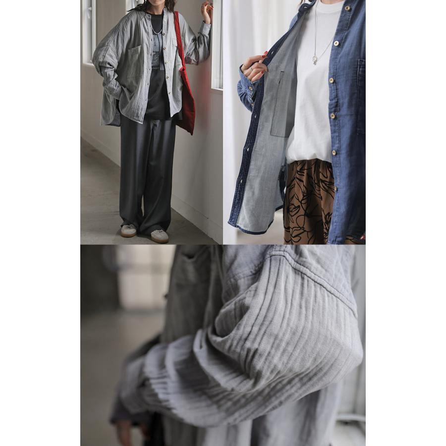 シャツ ダブルガーゼ デニムライク 綿100 レディース トップス デニム 風 ブラウス ロング ロングシャツ チュニック バンドカラー コットン | HUG.U | 19