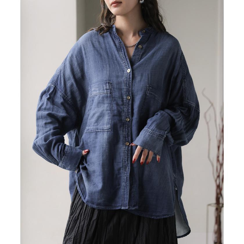 シャツ ダブルガーゼ デニムライク 綿100 レディース トップス デニム 風 ブラウス ロング ロングシャツ チュニック バンドカラー コットン | HUG.U | 06