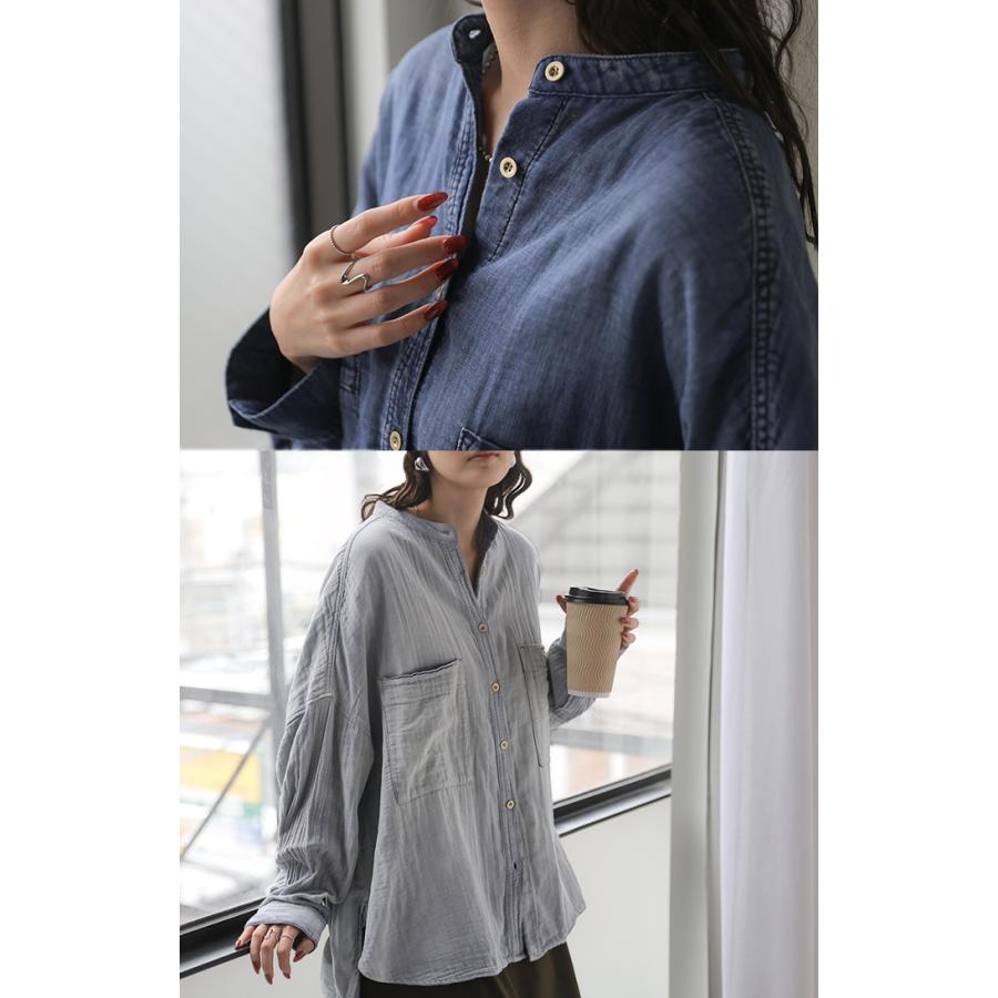 シャツ ダブルガーゼ デニムライク 綿100 レディース トップス デニム 風 ブラウス ロング ロングシャツ チュニック バンドカラー コットン | HUG.U | 07