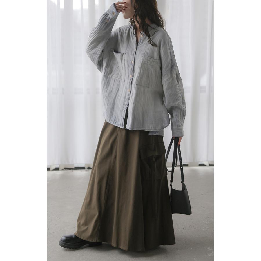 シャツ ダブルガーゼ デニムライク 綿100 レディース トップス デニム 風 ブラウス ロング ロングシャツ チュニック バンドカラー コットン | HUG.U | 09