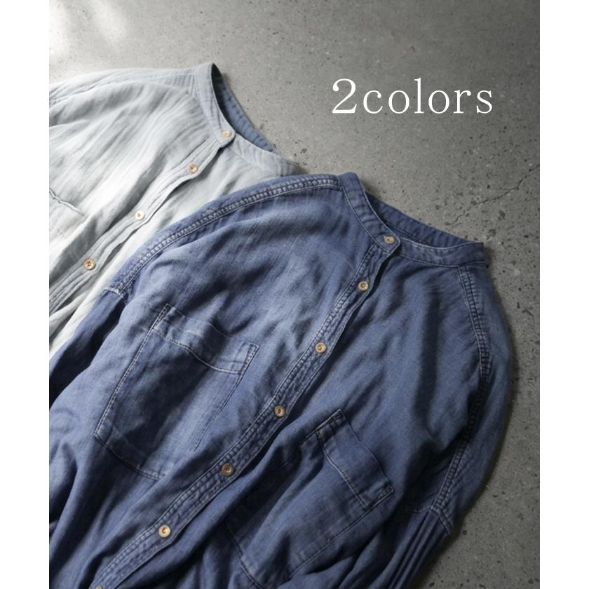 シャツ ダブルガーゼ デニムライク 綿100 レディース トップス デニム 風 ブラウス ロング ロングシャツ チュニック バンドカラー コットン | HUG.U | 10