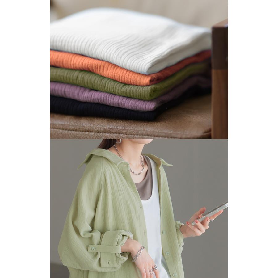 シャツ ダブルガーゼ リネン風 彼シャツ チュニック レディース ブラウス トップス ロング ロングシャツ チュニック 長袖 無地 羽織 ドルマン | HUG.U | 28