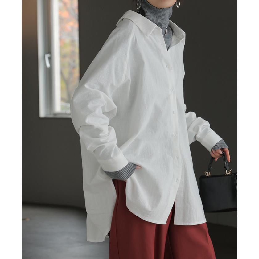 シャツ ダブルガーゼ リネン風 彼シャツ チュニック レディース ブラウス トップス ロング ロングシャツ チュニック 長袖 無地 羽織 ドルマン | HUG.U | 19
