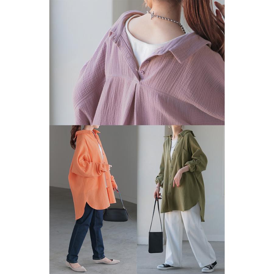 SALE シャツ ダブルガーゼ リネン風 彼シャツ チュニック レディース ブラウス トップス ロング ロングシャツ チュニック 長袖 無地 羽織 ドルマン | HUG.U | 18